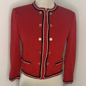 St John Collection red navy gold button hardware zip front knit sweater 2